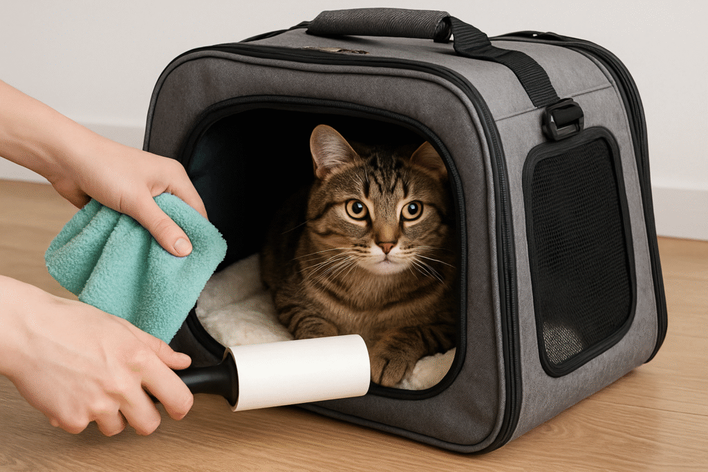 a cat in a carrierclean-soft-cat-carrier-tabby.webp" alt="A clean soft-sided cat carrier being wiped down while a tabby cat relaxes inside