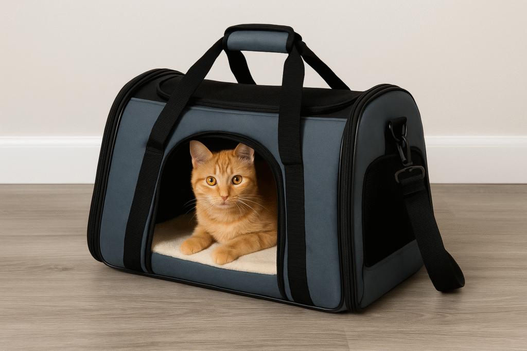 Soft-sided cat carrier with orange tabby inside, ideal for airline travel