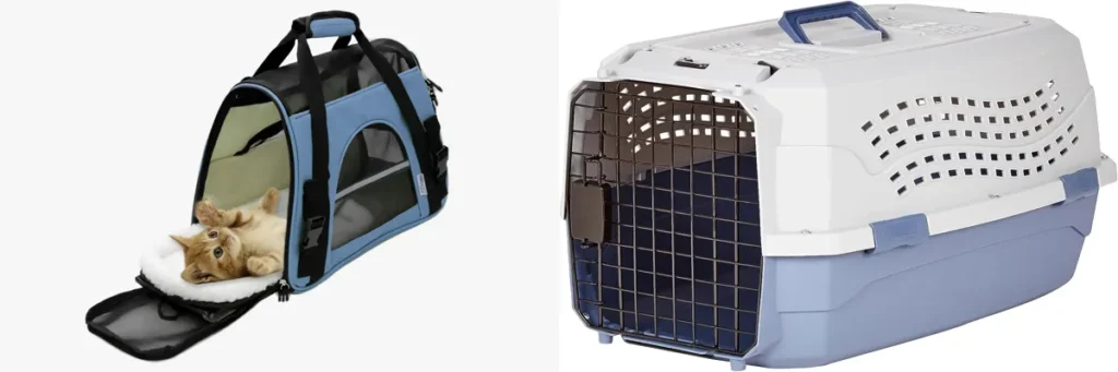 Side-by-side view of a soft-sided cat carrier and a hard-sided plastic cat carrier